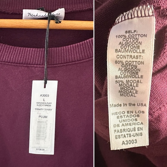 Michael Stars Veronica Terry Plum Puff Sleeve Dress‎ Women’s Size Large NWT - Picture 16 of 16